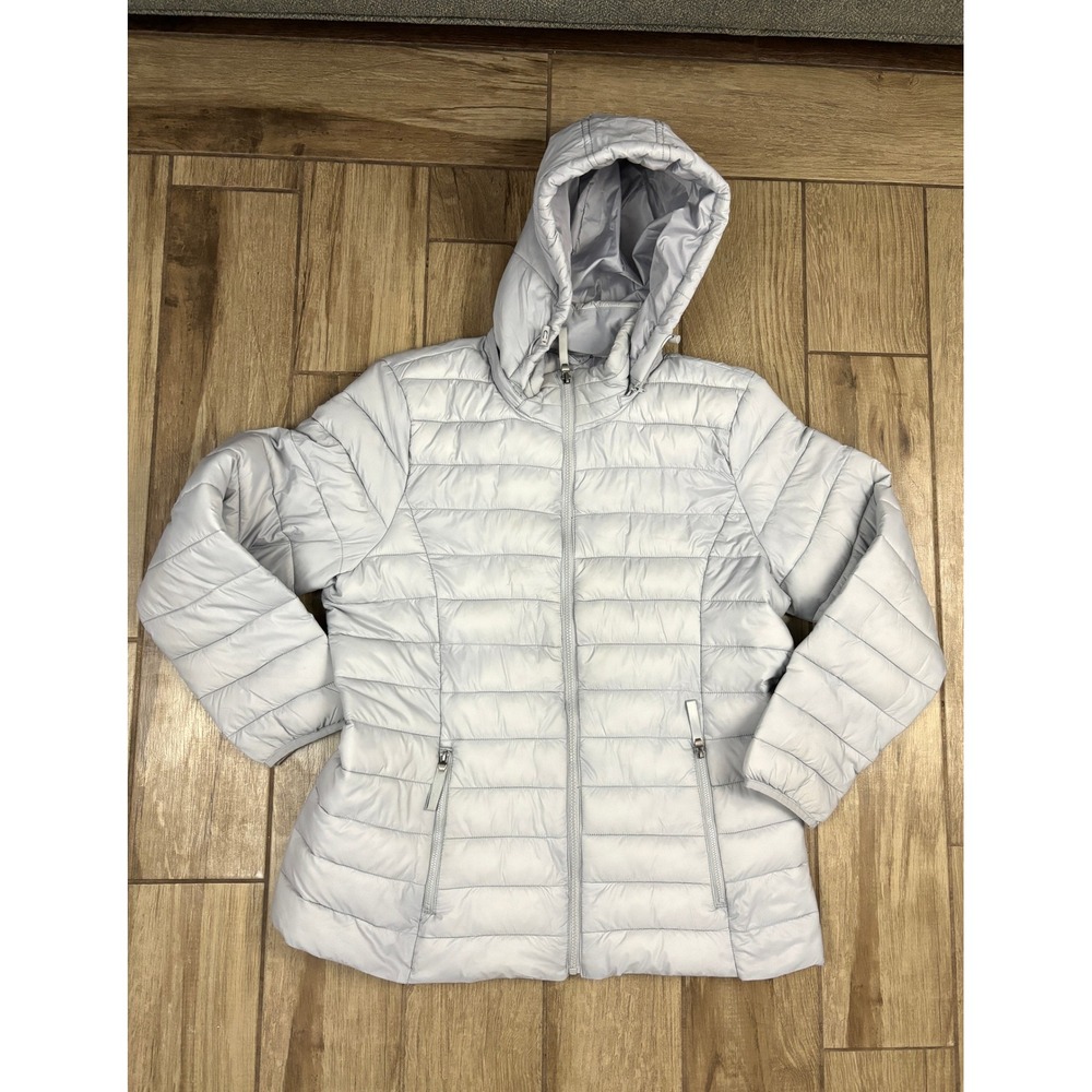 St Johns Bay Packable Puffer Jacket Womens XL Gray‎ Hooded Lightweight Zip